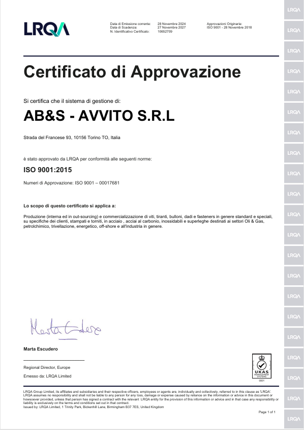 certificato ISO 9001:2015 AB&S AVVITO S.r.l.